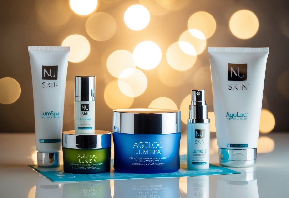 A radiant, glowing skin illuminated by ageLOC LumiSpa, surrounded by promotional materials and products from nu skin
