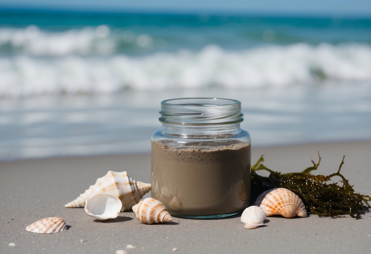 A serene ocean shore with a jar of Epoch Glacial Marine Mud surrounded by seashells and seaweed