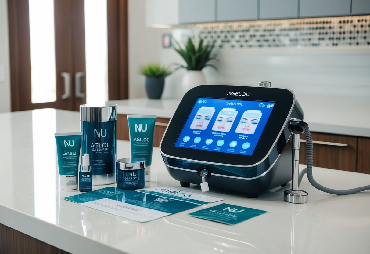 A sleek ageLOC Galvanic Spa device surrounded by promotional materials and Nu Skin products on a clean, modern countertop