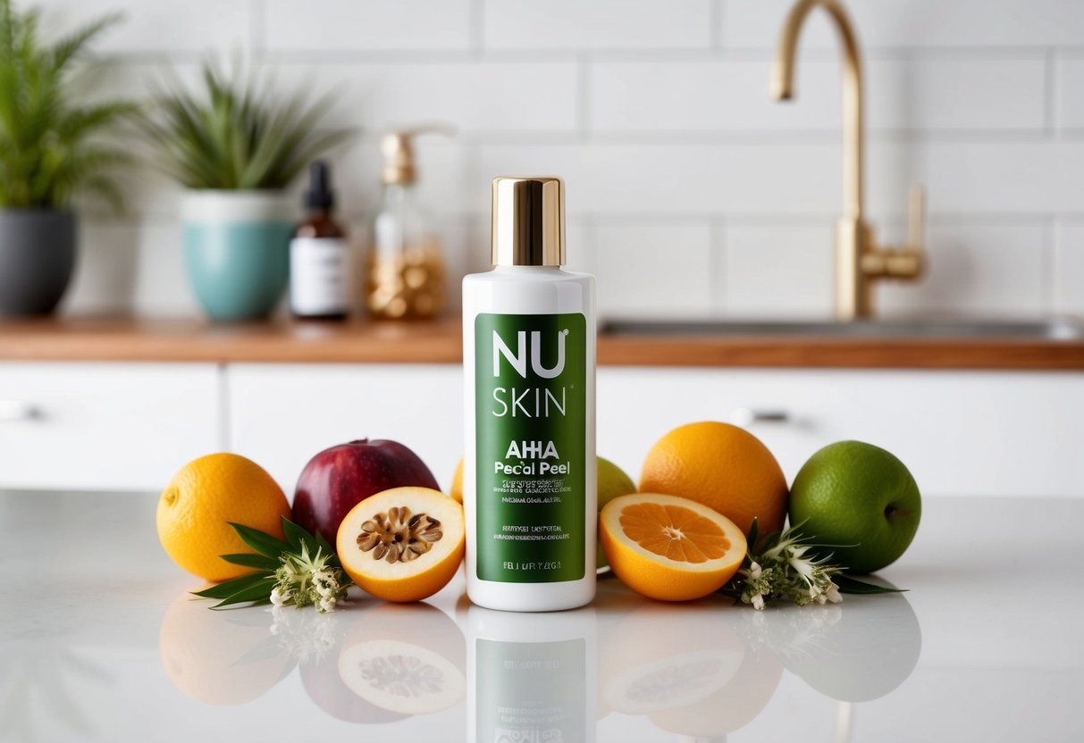 A bottle of Nu Skin 180° AHA Facial Peel surrounded by fresh fruit and botanicals on a clean, white countertop