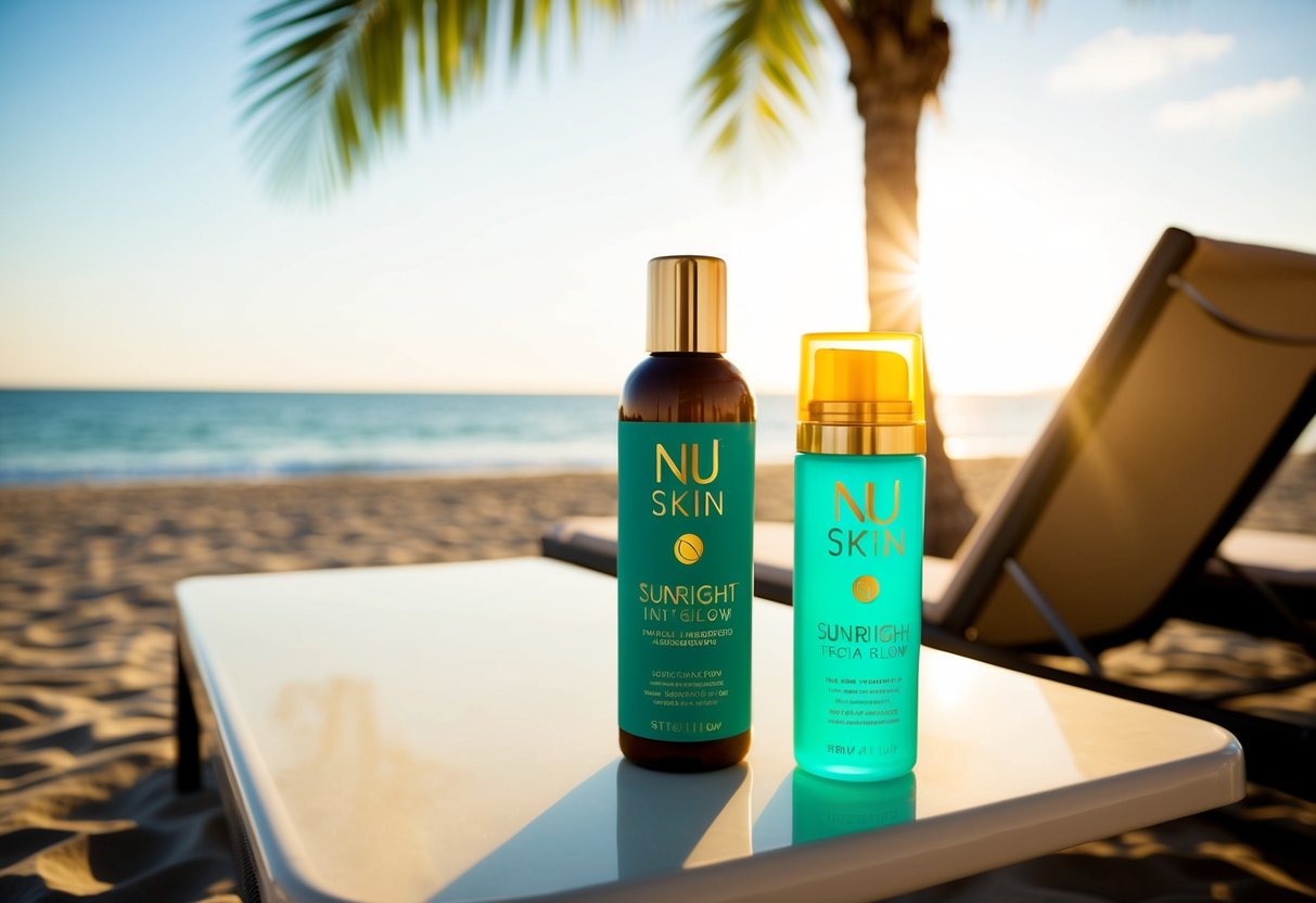 A sunlit beach with a bottle of Nu Skin Sunright Insta Glow displayed next to a palm tree and a lounge chair
