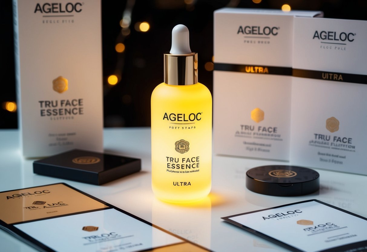 A glowing bottle of ageLOC Tru Face Essence Ultra surrounded by promotional materials