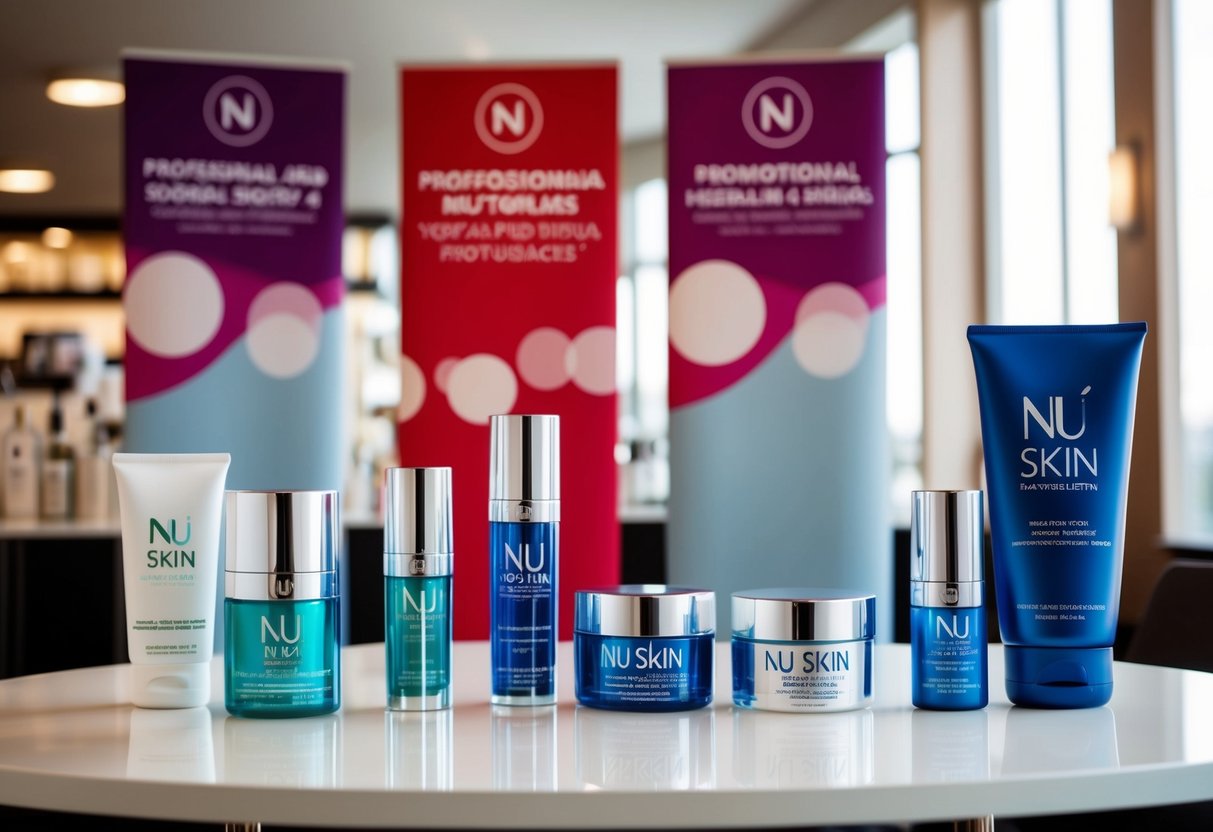 A table displaying various Nu Skin products with promotional banners and signs above
