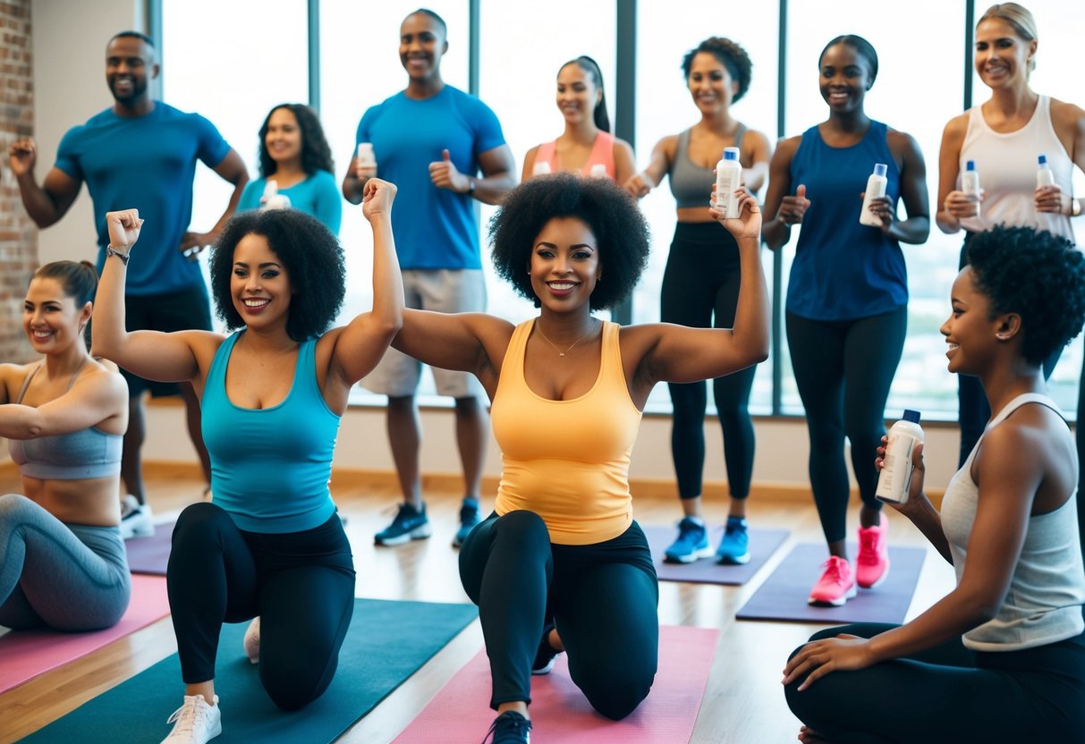 A group of diverse individuals engaging in various activities, such as exercising, socializing, and using Nu Skin products, with a sense of community and wellness