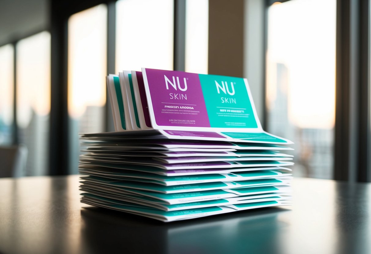 A stack of colorful promotional flyers for Nu Skin products arranged neatly on a table