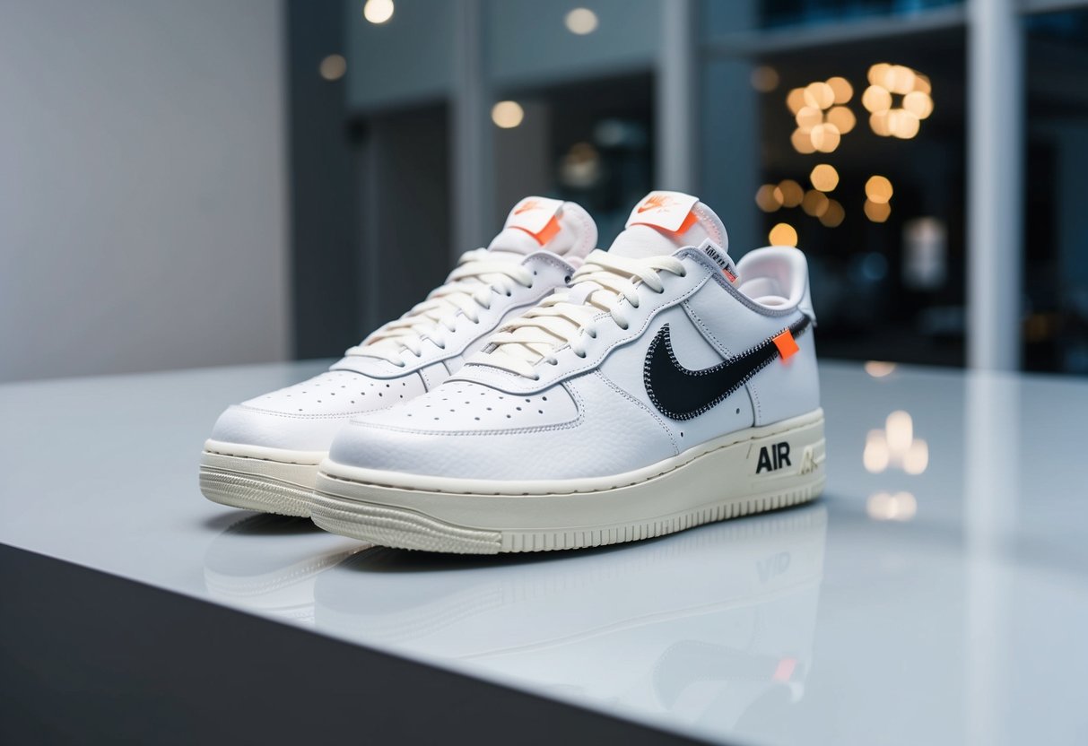 A pristine pair of Off-White x Nike Air Force 1 sneakers displayed on a clean, minimalist platform