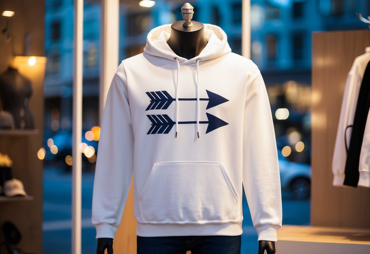 A white hoodie with arrows design displayed on a mannequin in a well-lit store window