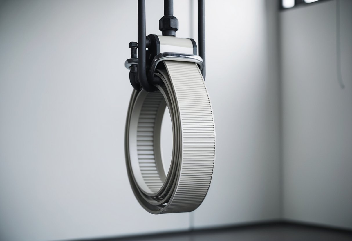 An off-white industrial belt hanging in a stark, minimalist setting, with clean lines and a sense of modernity