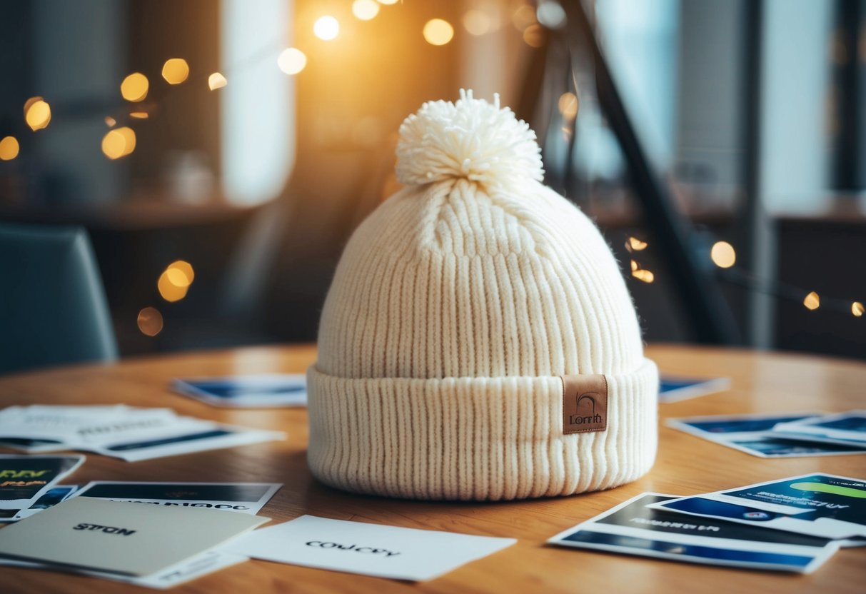 A cozy off-white beanie sits on a wooden table, surrounded by scattered promotional materials