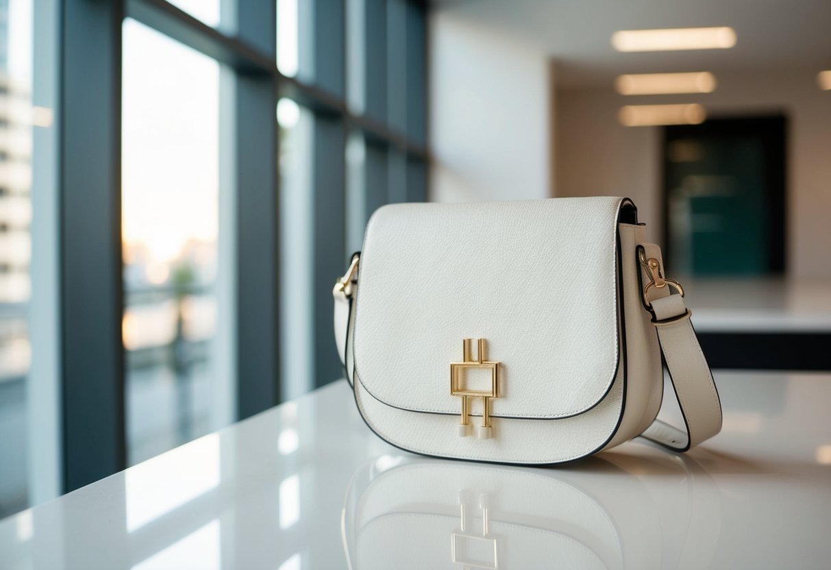 An off-white crossbody bag displayed on a clean, modern surface with soft lighting