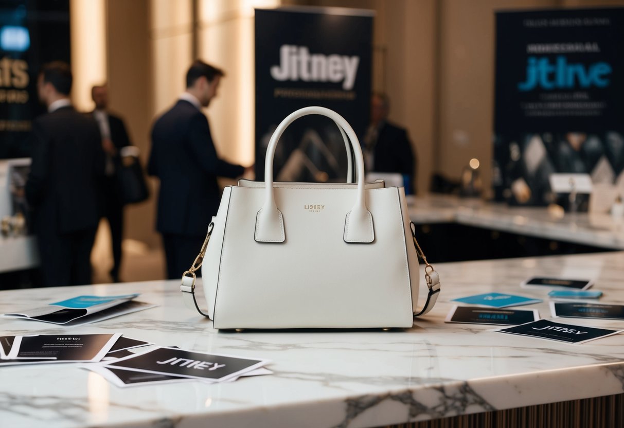 A sleek Off-White Jitney Bag sits on a marble countertop, surrounded by scattered promotional materials