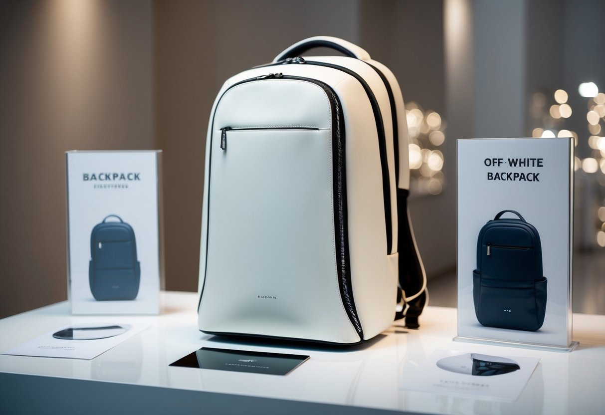 A sleek Off-White Quote Backpack sits on a clean, modern display with subtle Off-White branding and promotional materials nearby