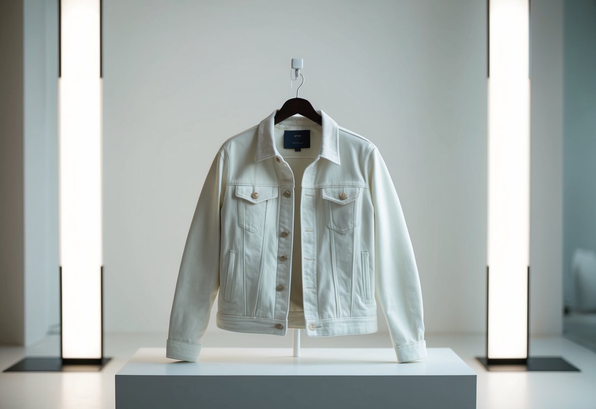 An off-white denim jacket displayed on a clean, modern backdrop with soft lighting, creating a minimalist and stylish atmosphere