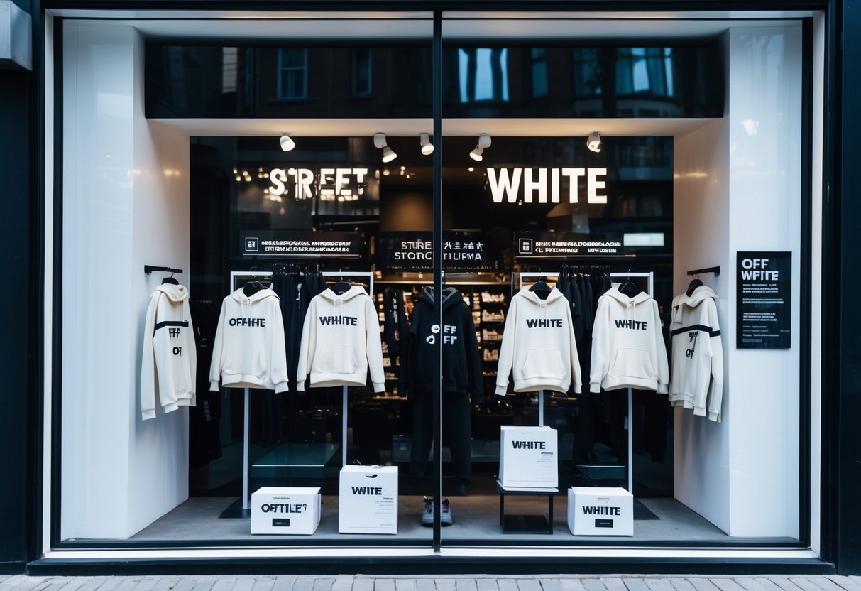 A streetwear store window display featuring Off White brand products and promotional materials
