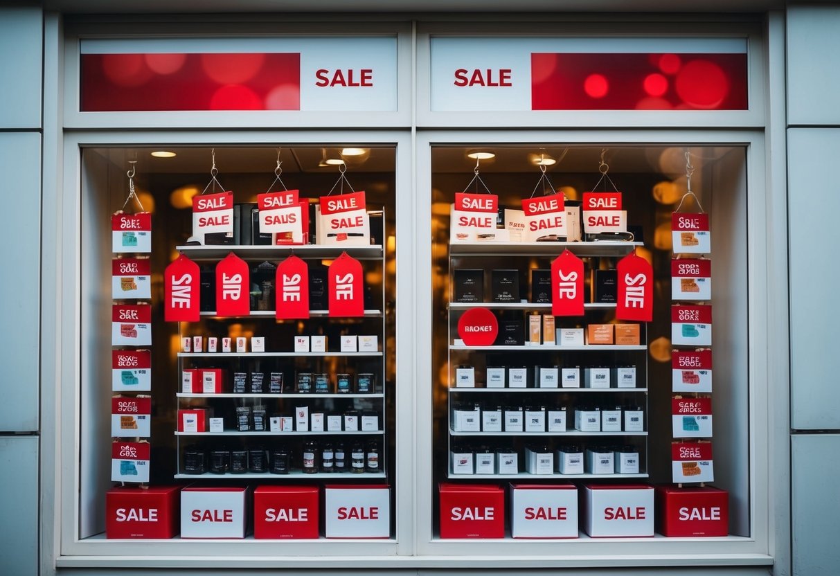 A storefront window displaying various products with red sale tags and banners