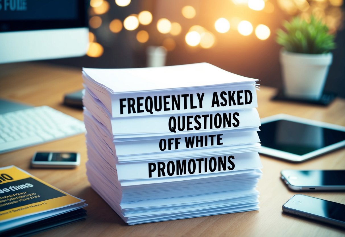 A stack of papers with the words "Frequently Asked Questions off white promotions" printed on them, surrounded by a computer, phone, and promotional materials
