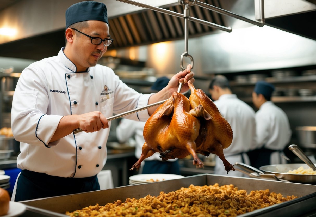 A chef roasting peking duck on a spit in a busy restaurant kitchen