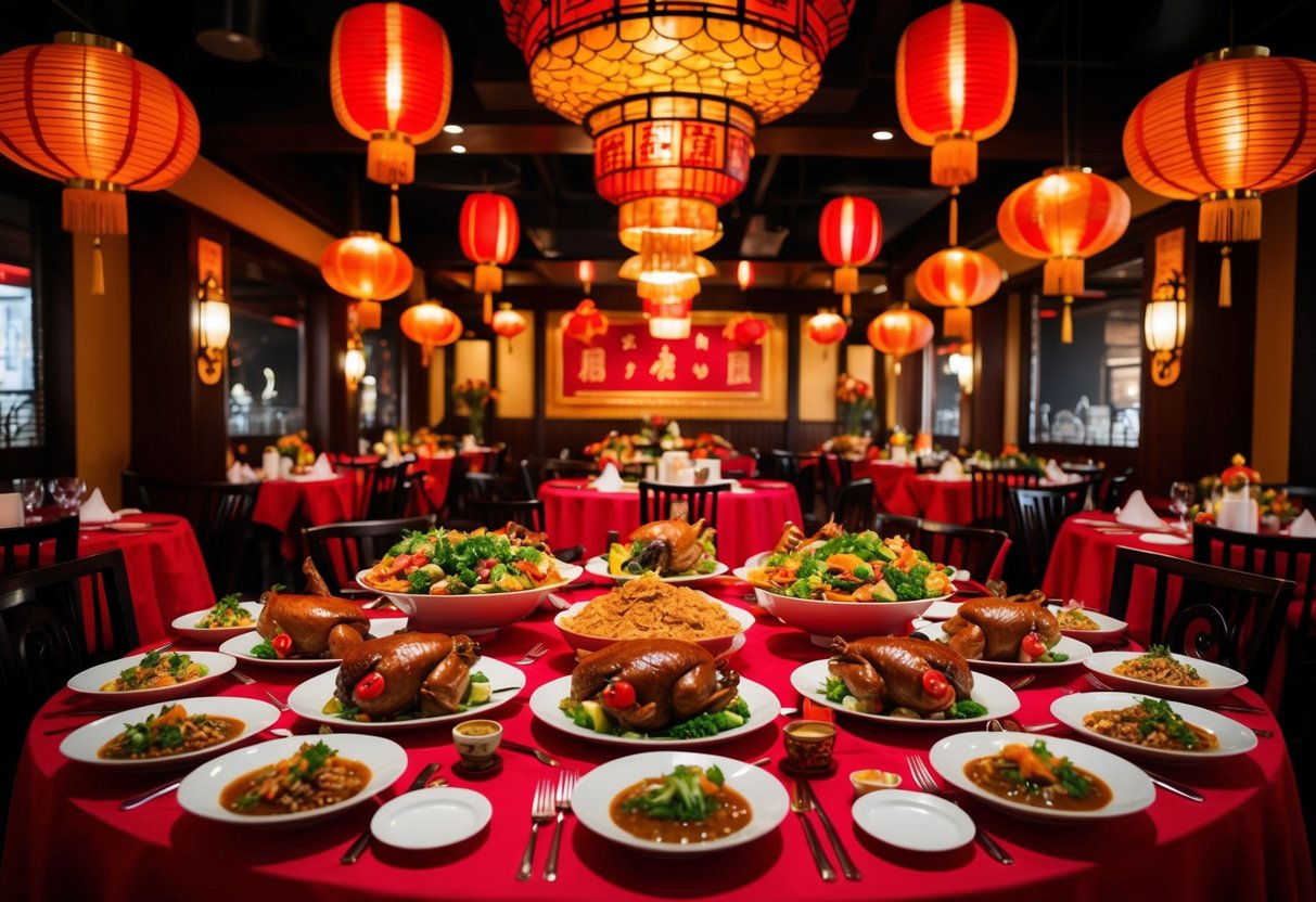 A festive Chinese New Year feast at Ming's, with tables filled with Peking duck and traditional dishes, lanterns hanging from the ceiling, and red and gold decorations adorning the restaurant