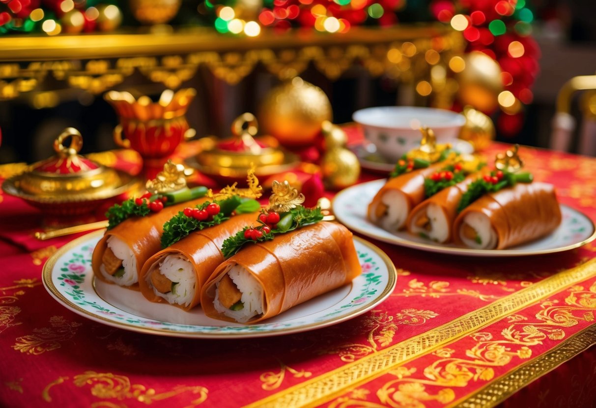 A festive table at The Golden Palace, featuring Peking duck wraps and vibrant decorations