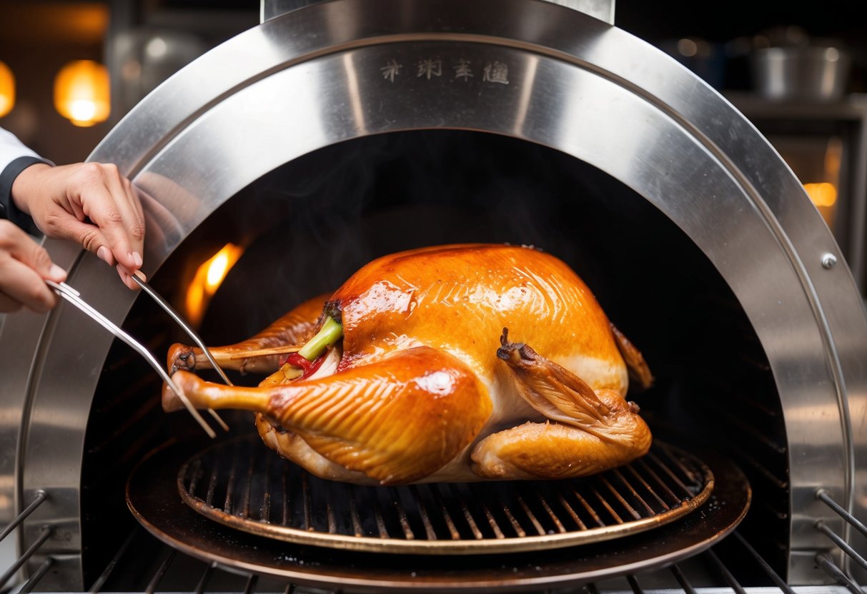 A chef roasting a whole Peking duck in a traditional Chinese oven. The duck is golden brown and glistening, with crispy skin