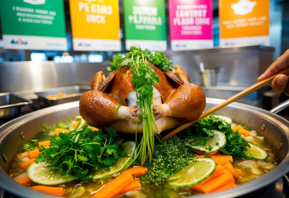 A succulent Peking duck being prepared with fresh herbs and vegetables, surrounded by colorful promotional banners and signage