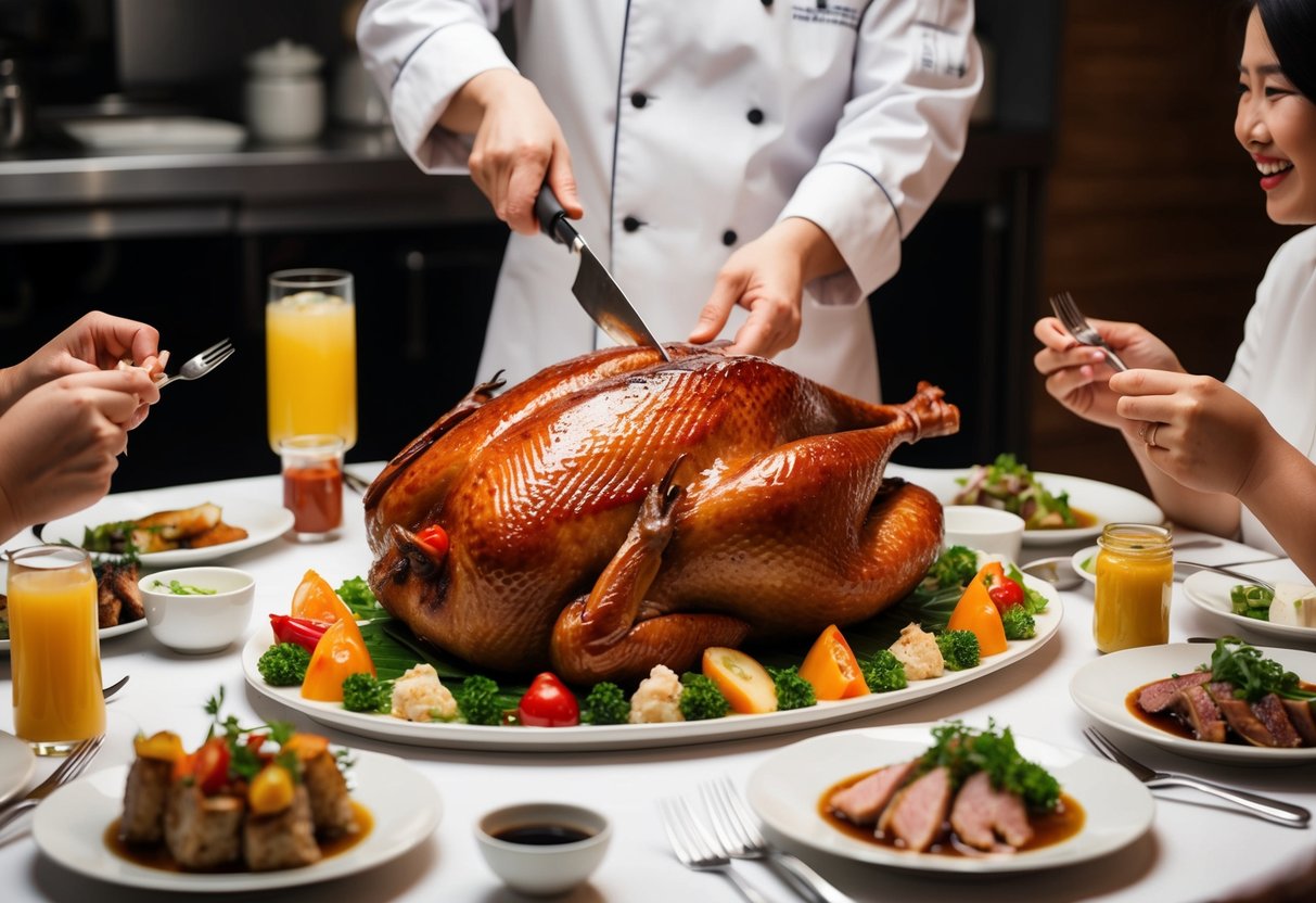 A table set with a whole roasted Peking duck, surrounded by various condiments and garnishes, with a chef carving slices for eager diners