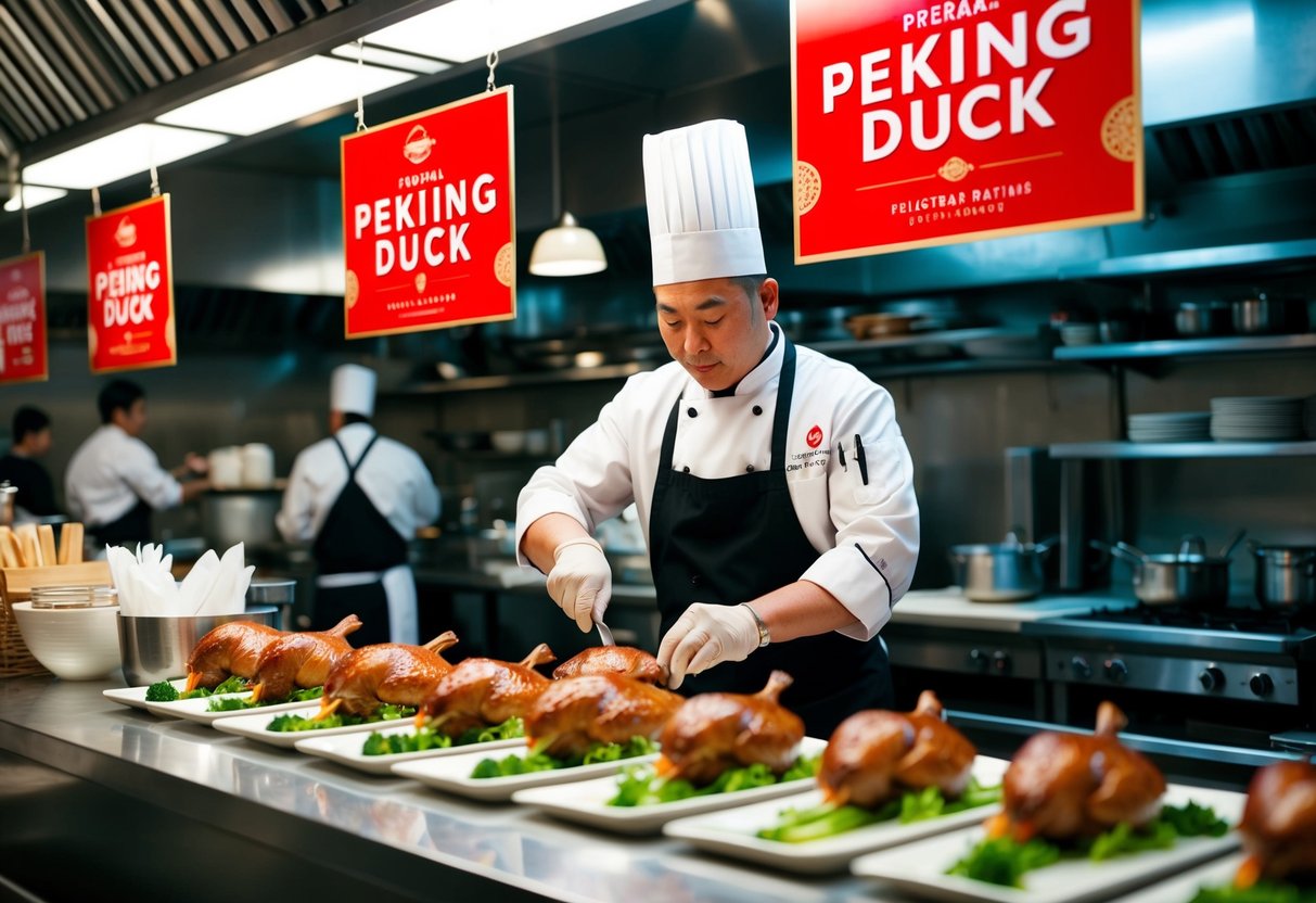 A chef preparing Peking duck with promotional signage in a bustling restaurant kitchen