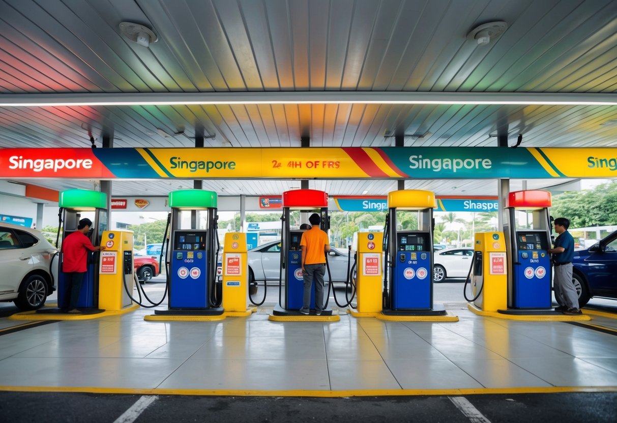 A vibrant gas station in Singapore with colorful promotional banners and signage. Customers filling up their vehicles while taking advantage of special offers