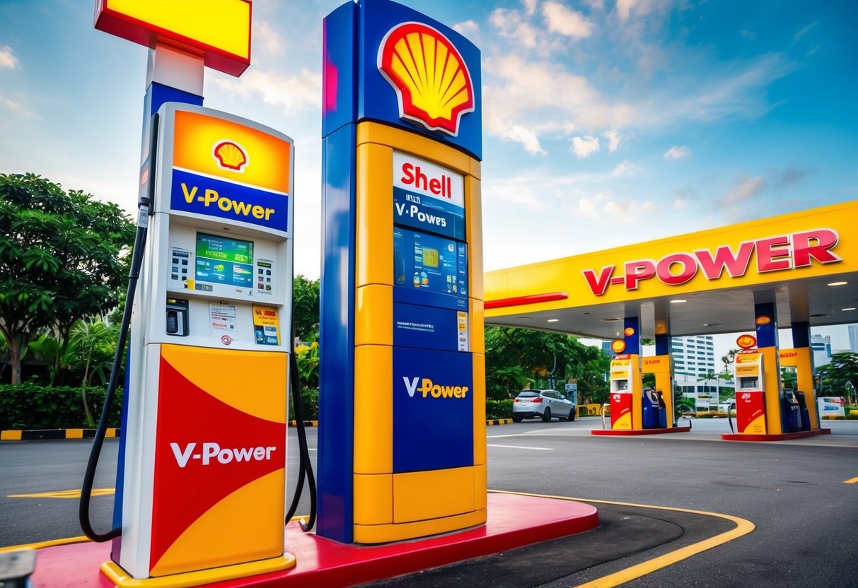 A colorful and vibrant gas station with prominent Shell V-Power signage and promotional displays in Singapore