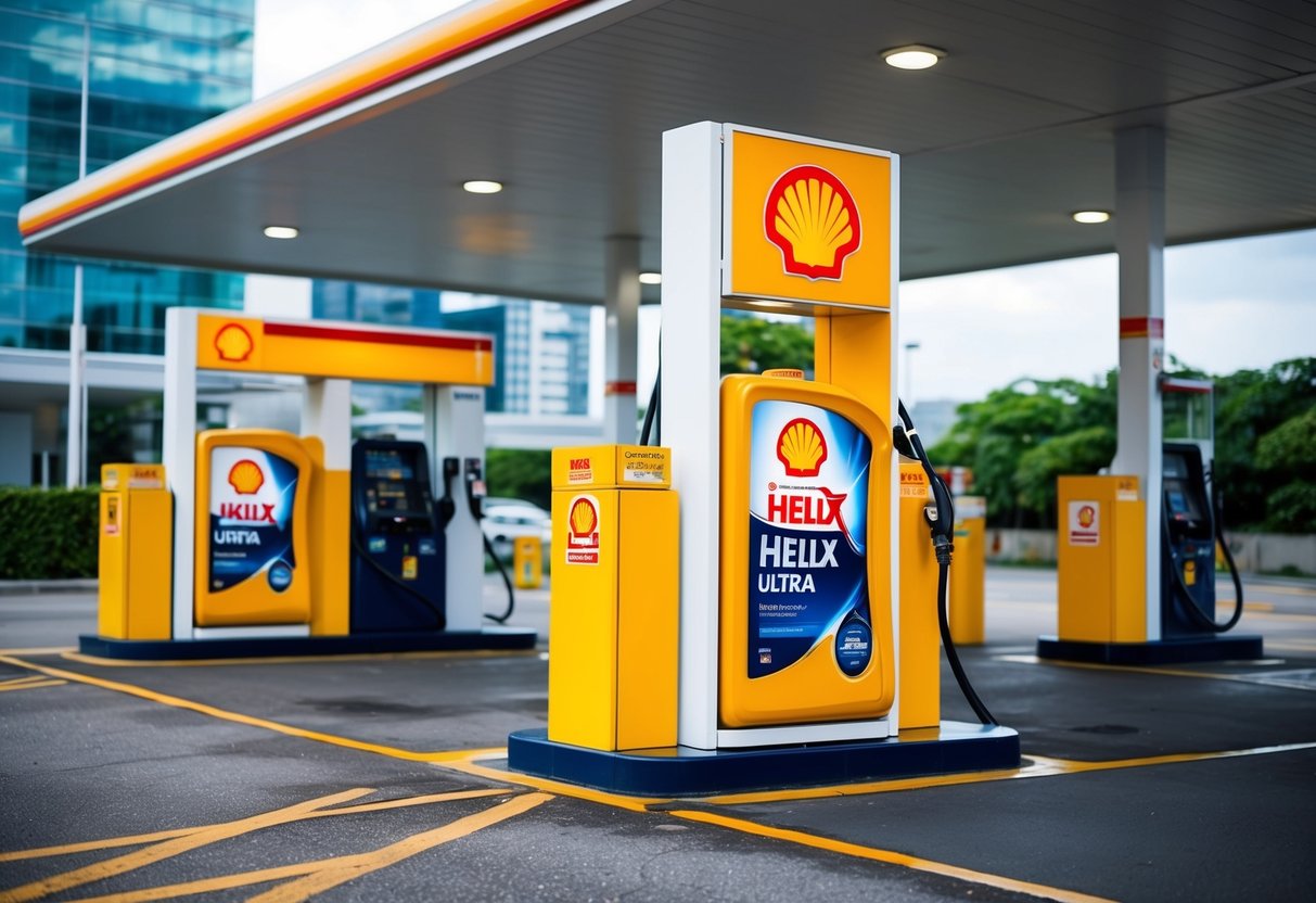 A Shell gas station in Singapore features a prominent display of Shell Helix Ultra motor oil promotions