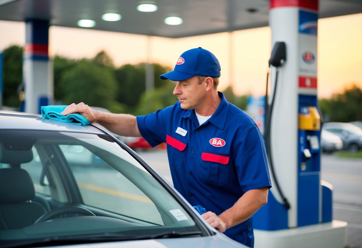 A gas station attendant cleans a car windshield for free