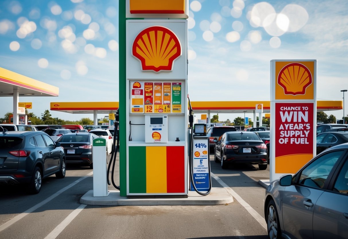A bustling gas station with cars lined up, colorful Shell promotions displayed, and a large sign advertising the chance to win a year's supply of fuel