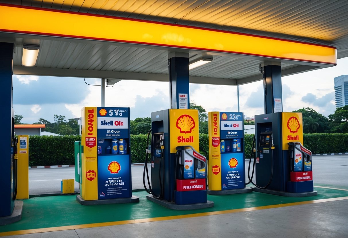 A gas station in Singapore displays special offers on engine oils from Shell, with promotional signage and products prominently featured