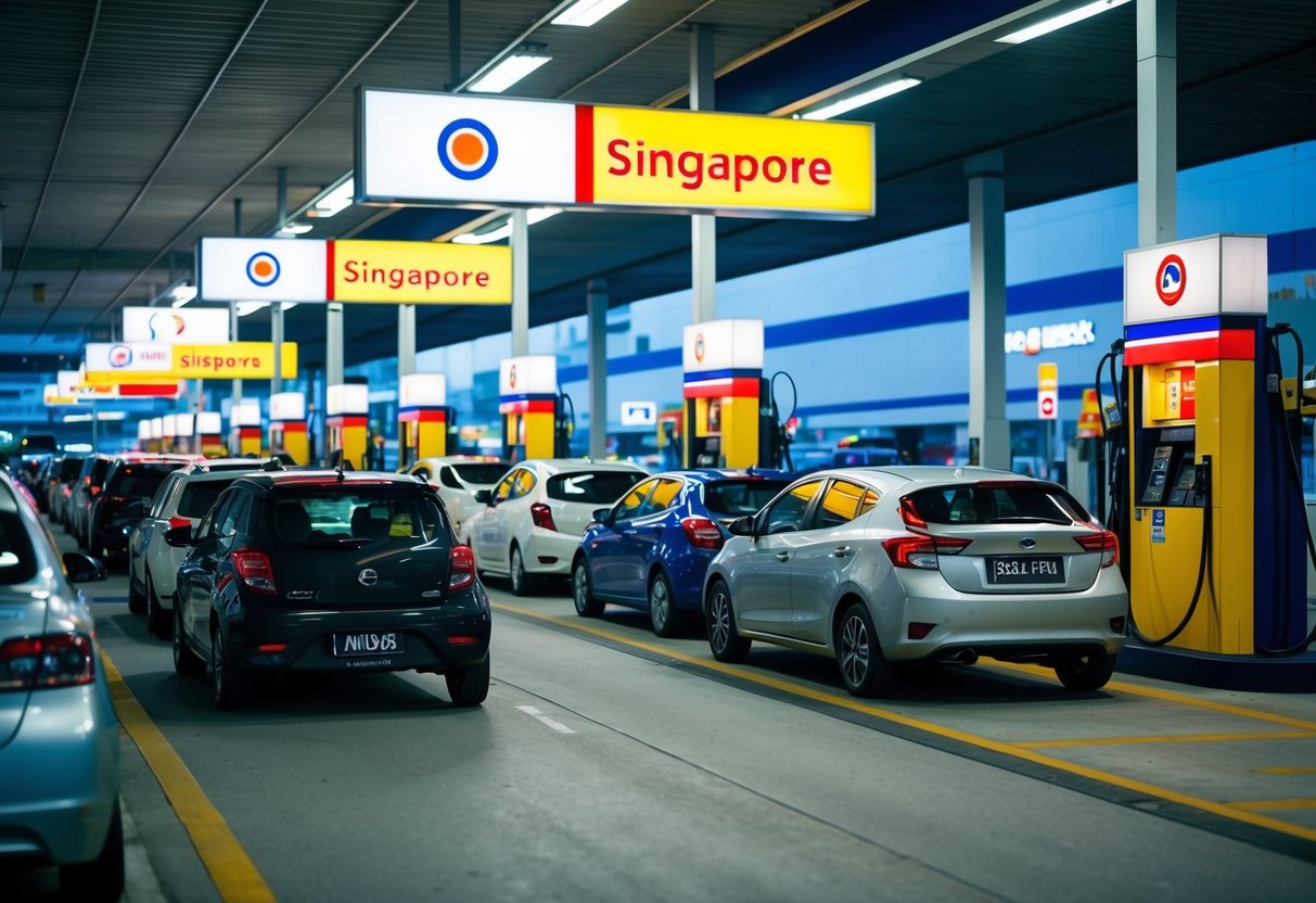A bustling gas station in Singapore with colorful promotional displays and a line of cars waiting to refuel