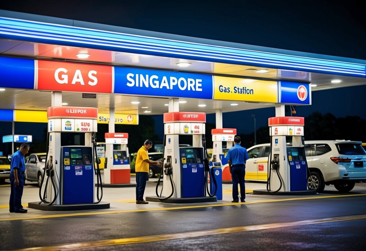 A bustling gas station in Singapore with bright signage and promotional displays, customers filling up their vehicles, and staff attending to the pumps