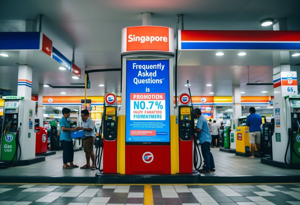 A bustling gas station in Singapore with a prominent "Frequently Asked Questions" promotion display, surrounded by colorful signage and busy customers