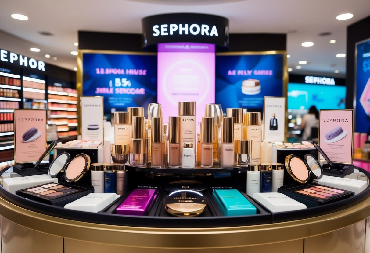 A colorful display of Sephora makeup and skincare products, surrounded by promotional signs and banners, in a bustling Singapore store