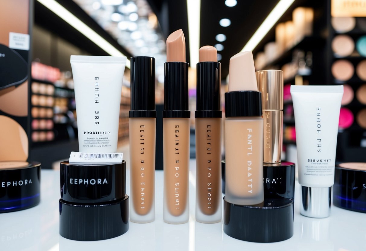 A display of Fenty Beauty Pro Filt'r Foundation surrounded by Sephora makeup and skincare promotions in a Singapore store