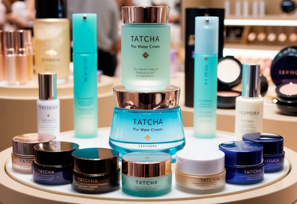 A display of Tatcha The Water Cream surrounded by various makeup and skincare products at a Sephora store in Singapore