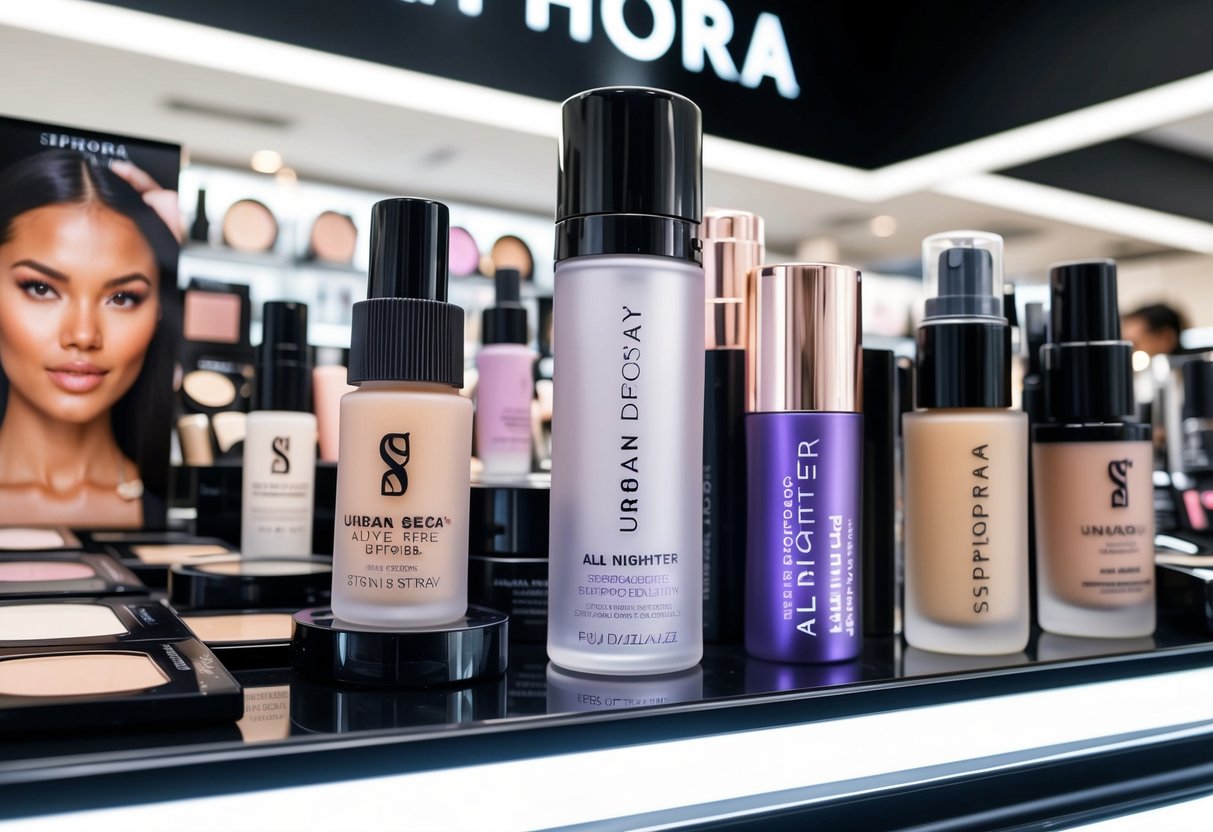 A bustling Sephora store in Singapore, with Urban Decay All Nighter Setting Spray prominently displayed among a selection of makeup and skincare brands