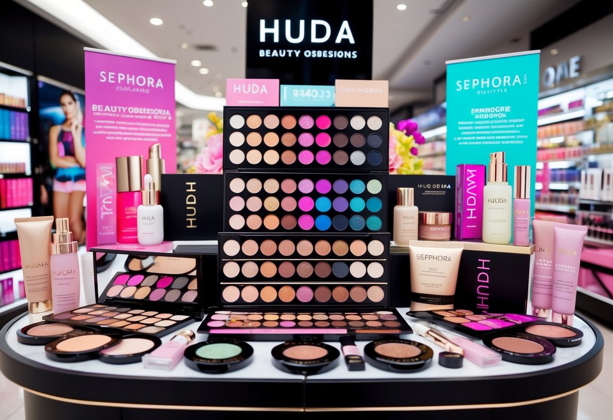A vibrant display of Huda Beauty Obsessions Eyeshadow Palettes surrounded by Sephora skincare products, with promotional signs in a bustling Singapore store