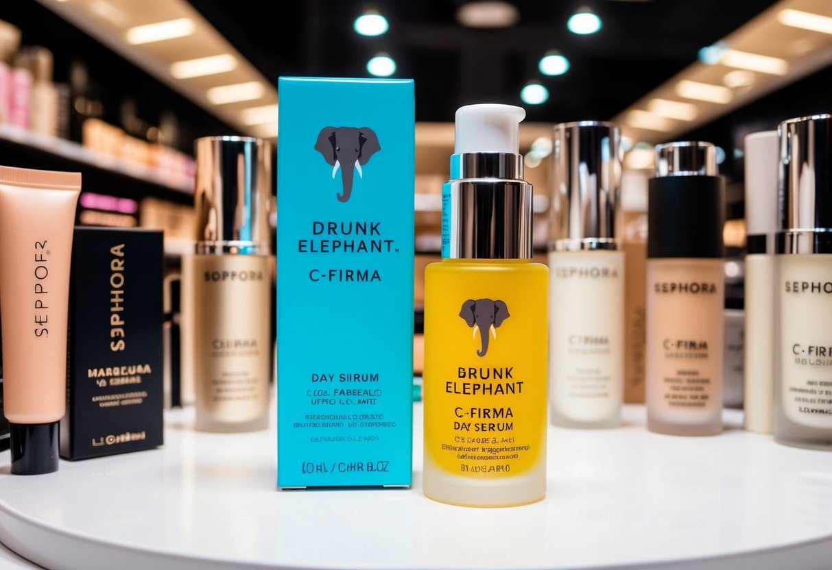 A bright, modern display of Drunk Elephant C-Firma Day Serum at a Sephora store in Singapore, surrounded by other makeup and skincare brand promotions