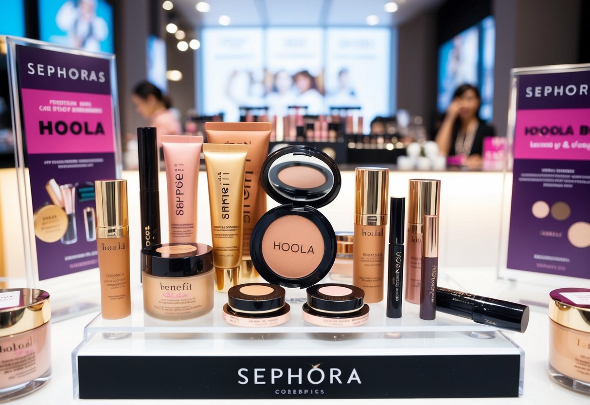 A display of Benefit Cosmetics Hoola Bronzer surrounded by other makeup and skincare products at a Sephora store in Singapore, with promotional signs and banners