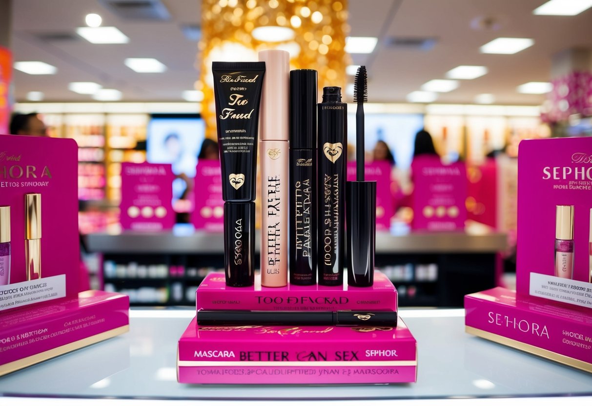 A display of Too Faced Better Than Sex Mascara surrounded by Sephora promotions in a vibrant Singapore store