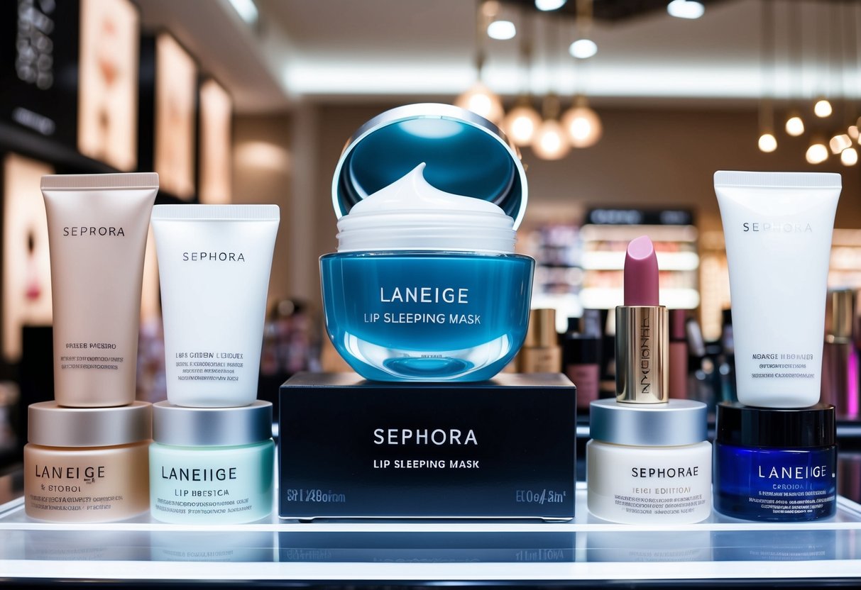 A display of Laneige Lip Sleeping Mask surrounded by Sephora makeup and skincare promotions in a Singapore store