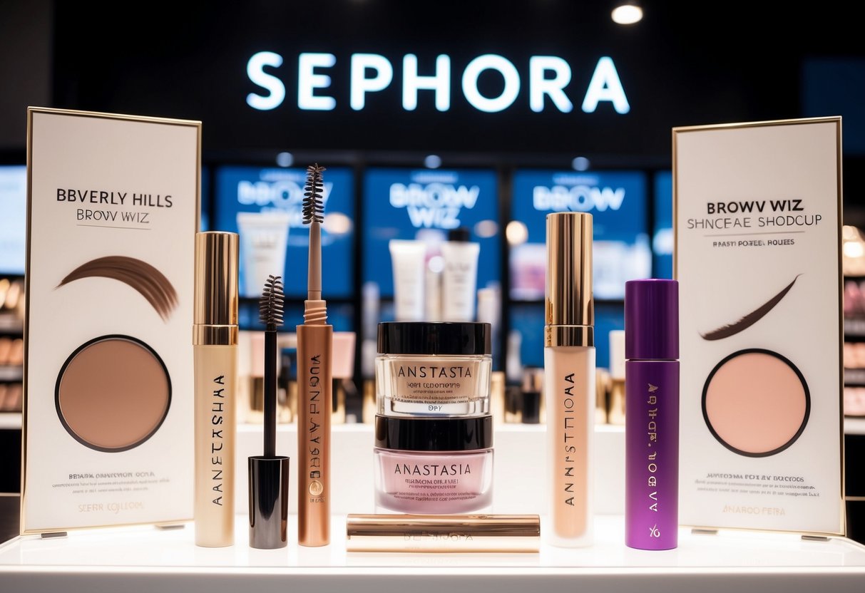 A display of Anastasia Beverly Hills Brow Wiz and other Sephora makeup and skincare products with promotional signage in a Singapore store