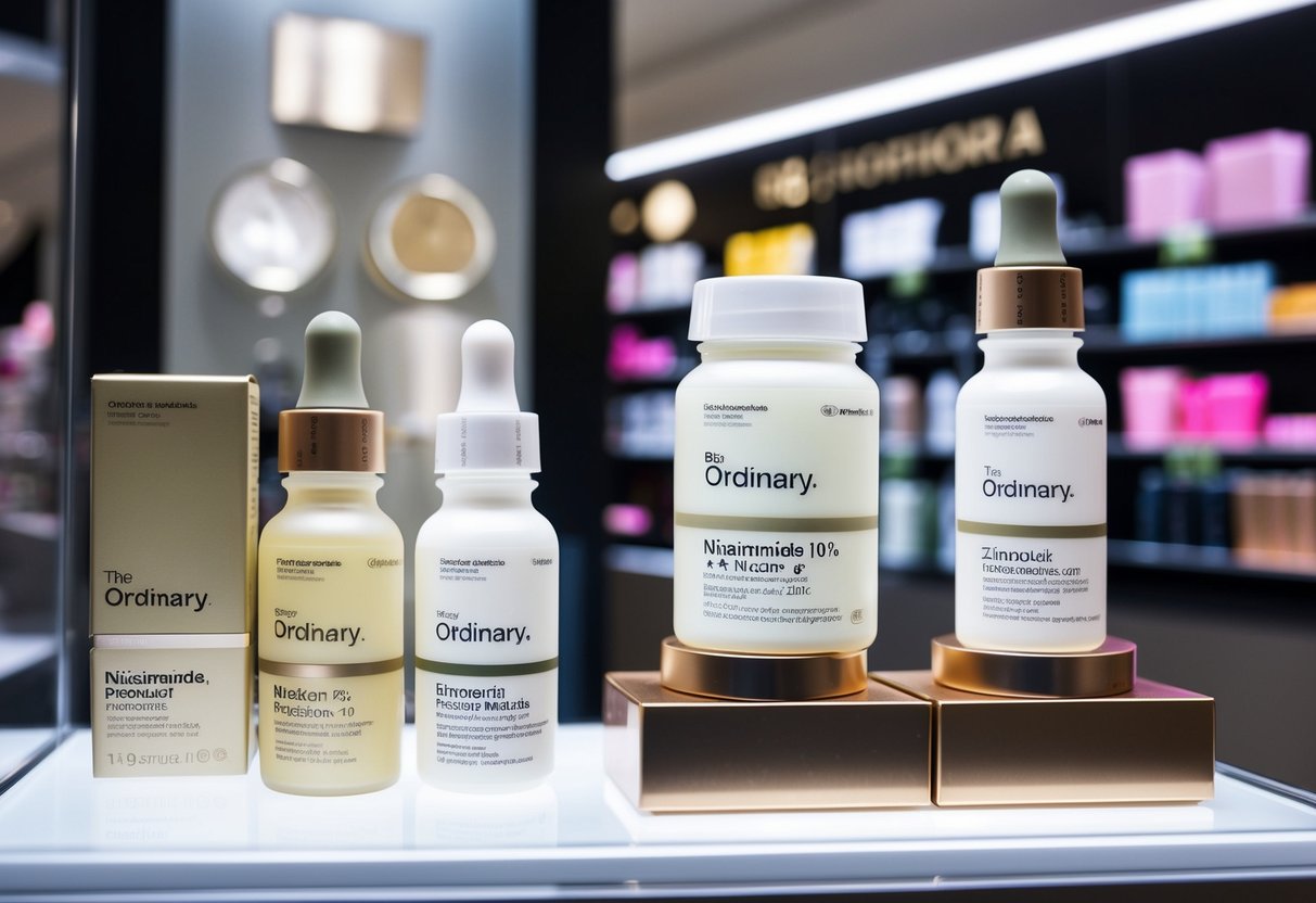 A display featuring The Ordinary Niacinamide 10% + Zinc 1% product promotions at a Sephora store in Singapore