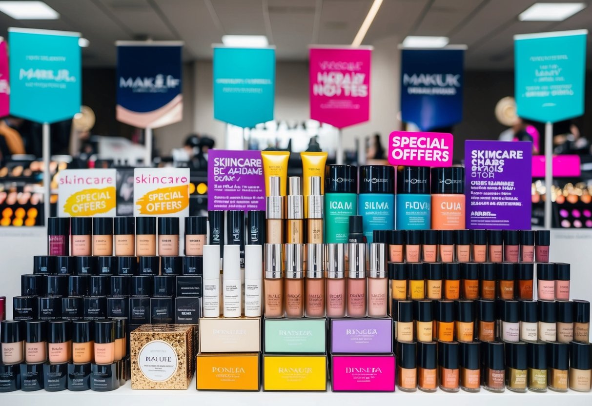 A colorful display of various makeup and skincare brands arranged in an organized manner, with promotional signs and banners highlighting special offers
