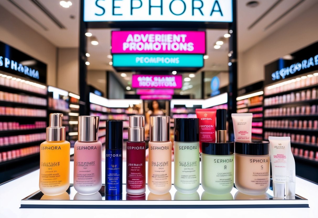 A vibrant display of makeup and skincare products at Sephora Singapore, with prominent signs advertising promotions