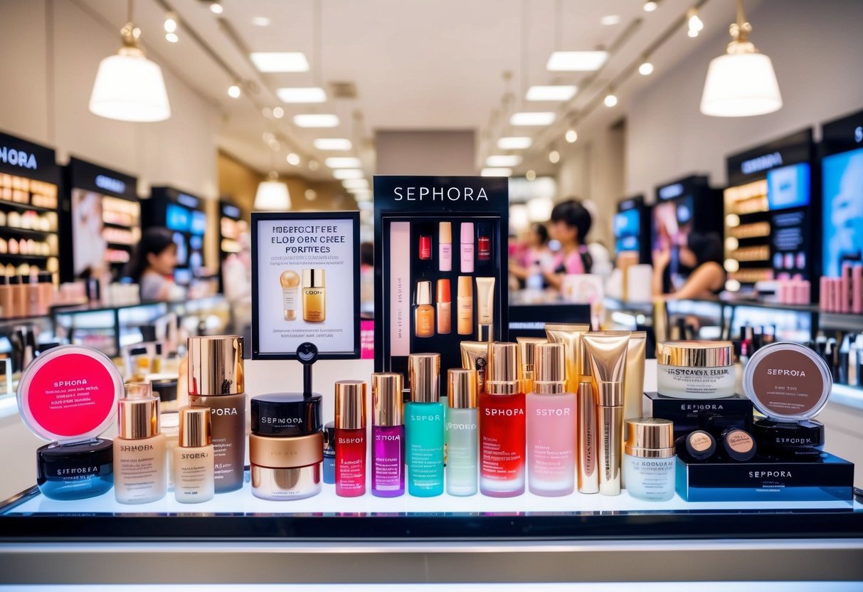 A vibrant display of Sephora makeup and skincare products, with promotional signs and banners, in a bustling Singapore store